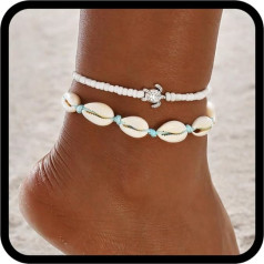 Handcess Boho Silver Shell Turtle Double Anklets Ankle Bracelets Layered and Interwoven Anklets for Women Girls