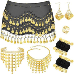 Otuuz Set of 8 Belly Dance Accessories for Women Gold Coins Belly Dance Hip Scarf Wrap Belt Indian Belly Dance Jewellery Set Boho Gold Coin Earrings Headdress Bracelets Ring for Theme Party Carnival,