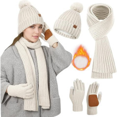 Hat, Scarf & Glove Sets for Women, Hat Women's Winter with Bobble Fleece Lined, Scarf Touchscreen Gloves 3 in 1 Set Women's Hat and Scarf Set Women's Winter Set Women, Gift for Women