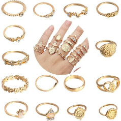 WVFHVISL Pack of 15 Rings Women Waterproof Stackable Rings Arat Gold-Plated Rings Set Ankle Rings for Women Simple Plain Band Ring Adjustable Rings Set, Metal