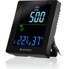 Bresser Smile CO2 Air Quality Monitor, Air Quality, Indoor Air Meter with Carbon Dioxide Detector and Humidity and Temperature Display, Ventilation Recommendations, Black