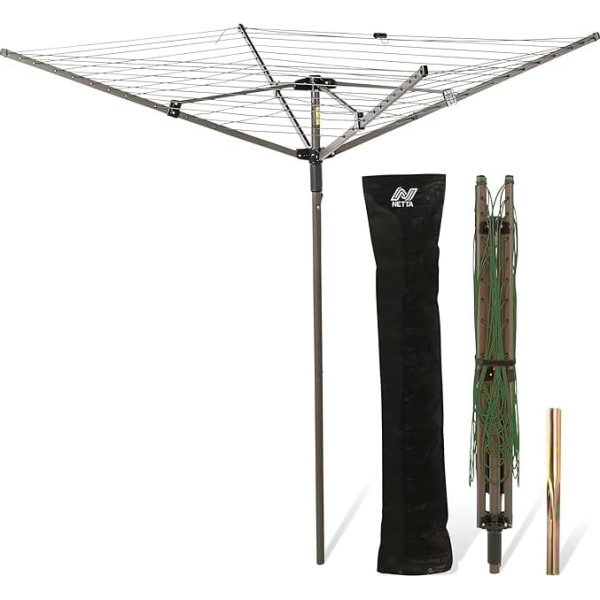 Netta 4 Arm Rotary Clothes Line 45 m including Cover and ground spike, dark green, clothes dryer.
