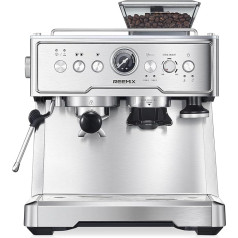 Portafilter Machine, 20 Bar Espresso Machine/Coffee Machine with Integrated Grinder and Milk Frother, 1350 W, 2.8 L Tank, Stainless Steel/Silver Barista Kit