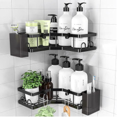Shower Shelf No Drilling 2 Pieces, Bathroom Shelf with Soap Holder Hook Toothpaste Holder, Bathroom Organiser, Shower Holder for Bathroom, Shampoo Holder for Shower, Kitchen, Black