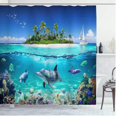 OCEUMACO Shower Curtain Dolphin Turquoise Underwater World 240 x 200 cm Fish Palm Trees Shower Curtains Textile Anti-Mould Waterproof Shower Curtains Bath Fabric Washable Extra Wide Curtain with Hooks