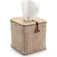 Cosmetic Tissues Box Square Seagrass Tissue Box Natural for Home/Office/Car (White, 14 x 14 x 14 cm)