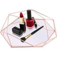 Cosmetic Tray Organizer Mirrored Makeup Tray Polygon Glass Decorative Metal Tray for Vanity Dresser Bathroom Bedroom (Rose Gold)