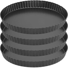 SINJEUN 4 Pieces 10 Inch Non-Stick Loose Base Cake Pan Removable Quiche Pan with Removable Loose Base Cake Pan for Baking Quiches Pie Flans Cheese Black