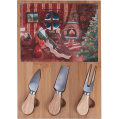 Villa d'Este Home Tivoli XMas Vintage Cheese Board and 3 Cheese Knives Set Bamboo and Ceramic Christmas Decoration 21.5 x 30.5 cm
