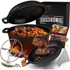 Dutch Oven - 2-in-1 Burnt Cast Iron Pot 4.8 L & Cast Pan 1.8 L - Dutch Oven Set with Dutch Oven Double Function - Includes Cookbook & Accessories for BBQ, Camping & Kitchen