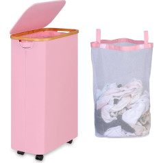 Laundry Basket with Lid, 75 L, Laundry Baskets, Narrow with Removable and Washable Inner Bag, Laundry Hamper with Wheels, Foldable Laundry Baskets for Laundry Room, Bedroom, Bathroom (Pink)