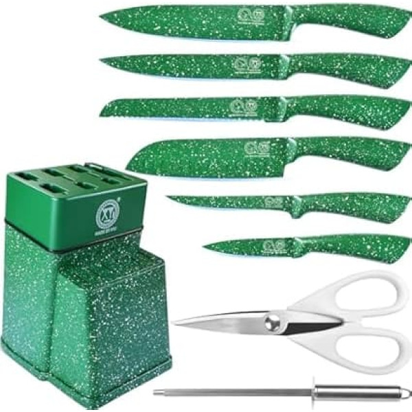 XYJ Authentic Since 1986, Knife Block Set, Professional Chef Knives Set With Knife Holder, Green Colour Stainless Steel Knife, Meat Cleaver Slicing Cooking Kitchen Knife Kit
