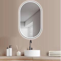 Ravenna LED Anti-Fog Bathroom Mirror Oval 45 x 75 cm / 75 x 45 cm High + Landscape Mounting Bathroom Mirror with Light and Matte Black Frame Touch Switch + LED Light Changing Warm White Cool