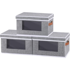 OUTBROS Storage Box, Wardrobe Storage Baskets with Lid, Transparent Window Organiser Box, Foldable Fabric Box, Cube Shelves, 33 x 23 x 20 cm, Grey, Pack of 3