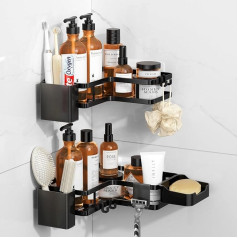 Shower Shelf No Drilling 2 Pieces Corner Shower Shelf Bathroom Shelf Black Shower Gel Holder with 2 Plastic Toothpaste Holders and 4 Removable Hooks Bathroom Organiser for Shampoo
