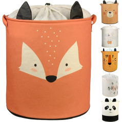 MUVAX Foldable Cylindrical Linen Fabric Laundry Basket, Large Storage Basket for Baby Room, Toys, Blankets and Clothes, Organiser for Nursery and Home (Fox Motif)