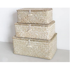 Seagrass Storage Basket with Lid, Handmade Woven Rectangular Rattan Box for Toys, Clothes, Books, Keys, Make Up Organiser, Set of 3 Shelf Baskets