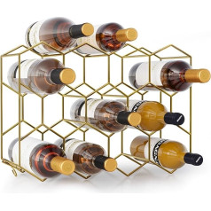 Urban Deco Metal Wine Rack for 14 Bottles, Gold Bottle Rack with 2 Hooks for 2 Wine Glasses, Wine Rack Small for Kitchen, 43 x 13.6 x 31 cm