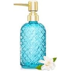 Glass Soap Dispenser with Pump, 450ml Diamond Cut Design Refillable Liquid Soap Dispenser for Bathroom, Countertop, Kitchen Sink, Laundry Room, Home Decor Accessories, Blue