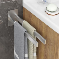 Towel Rail No Drilling Stainless Steel Towel Holder for Gluing/Drilling Towel Rail Double for Bathroom, Bedroom, Kitchen, Silver