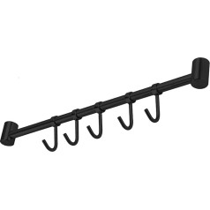 INTIRILIFE Hanging Rail for the Kitchen Made of Stainless Steel with 5 Movable Hooks for Drilling, Black, 35.8 x 3.4 x 2.2 cm, Kitchen Rail, Hook Rack Holder, Kitchen Utensils, Rod Wall Mount