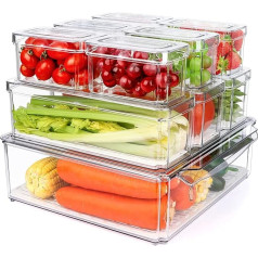 Fridge Organizer with Lid, Stackable Clear Fridge Organizer with Drain Tray for Vegetables, Fruits, Cheese, Meat, Cans, BPA Free, Pack of 10