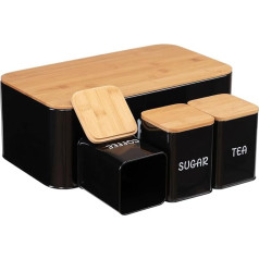 BEJOY 3 Piece Bread Bin and Canister Set, Large Bread Bin with Bamboo Lid, 3-Piece Bread Bins for Kitchen, Tea, Coffee, Sugar, Black