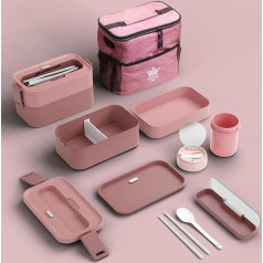 PRIME FEEL 2 Tier Lunch Box Bento Box with Lunch Bag, Cutlery Adjustable Compartments for Adults and Kids, Portable Leakproof Food Container for Work and School (Pink)