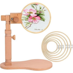 Wooden Embroidery Hoop Holder with Round Embroidery Hoop, Wooden Embroidery Stand for Table and Couch with Cross Stitch Ring for Crafts Sewing Projects Poweka