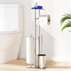 Stainless Steel Toilet Paper Holder Standing with Toilet Brush - Toilet Paper Holder with Tray, Toilet Paper Holder with Toilet Brush, Toilet Roll Holder Standing with Glass Shelf (Silver)