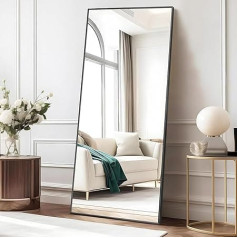 Full Body Mirror, 179 x 65 cm Large Mirror with Aluminium Frame, Standing Mirror for Standing, Leaning or Hanging, Full Body Mirror for Bedroom, Living Room, Black