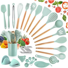 Kitchen Utensil Set, 49-Piece Silicone Cooking Utensils, Cooking Utensils Set, Non-Stick Heat Resistant Kitchen Utensil Set with Wooden Handle, Includes Spatula, Spoon, Pasta Fork, etc