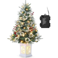 90 cm Artificial Christmas Tree with 78 Lighting, Battery Operated Pre-lit Premium Snow Flocked Artificial Christmas Tree with Red Berries Christmas Decoration for Home, Office, White Base