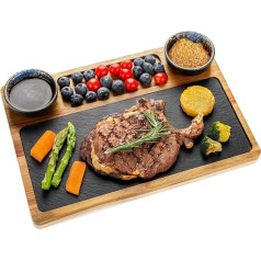 Slate Plate, Serving Plate for Steak, for Grill Tableware, Slate Plate, Serving Plate Made of Acacia Wood with 2 Dipping Bowls and Compartments, Steak Plate, Appetizer Plate