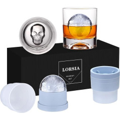 Skull Whisky Glass Set of 4 (2 Crystal Glasses and 2 Large Ice Ball Moulds) in Gift Box - 300ml Whiskey Glasses for Scotch, Cocktails, Rum, Cognac, Liqueurs; Unique Gifts for Men