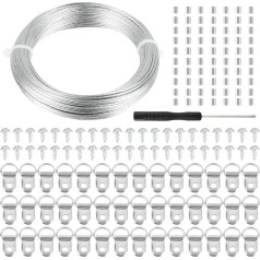 Picture Hanging Kit, 30M Metal Wire, 42 D Hooks, 42 Screws, 70 Crimp Ring Sleeves, 1 Screwdriver, Wall Picture Hooks for Hanging Pictures, Frames, Mirrors and Portraits