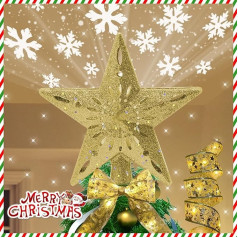 Weihnachtsbaum-Sternspitze beleuchtet mit eingebautem rotierendem LED-Schneeflocken-Projektor, 3D goldener Glitzer, hohler Stern, Baumspitze, Sternennachtlicht für Weihnachtsbaumdekoration, Goldene