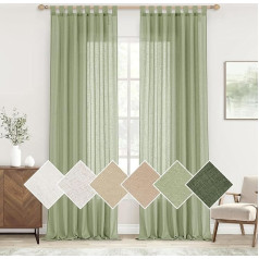 Woaboy Linen Curtains Living Room Linen Look Semi-Transparent Tab-Top Curtain with Lead Tape Window Curtain Bedroom Modern Stores Curtain Set of 2 140 x 225 cm (W x H) Green