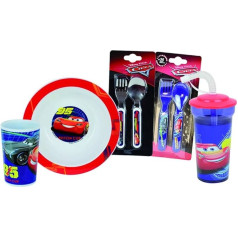 Disney Cars Children's Tableware Set with 1 Glass 220 ml, 1 Soup Plate Diameter 16 cm, 1 Glass with Straw 400 ml and 2 Sets with 2 Lids Height 13.5 cm - Reusable