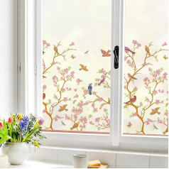 dktie Window Film Opaque Privacy Film Window Frosted Glass Film Bird Pattern Floral Pattern Static Adhesive without Adhesive Reusable Suitable for Living Room Bedroom Kitchen 90 x 200 cm