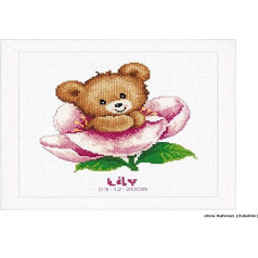 Vervaco Counted Cross Stitch Kit: Birth Record: Flower Teddy, 100% Cotton, Multi-Colour, 20 x 2 x 22 cm