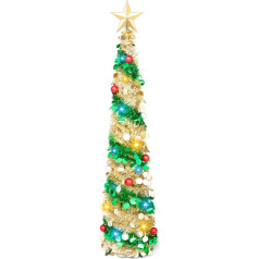 5 Feet Pop Up Christmas Tree Tinsel in Yellow with Lights, Pencil Christmas Decoration, Tree and Ornaments, Slim Collapsible Decorations with Timer for Christmas Party