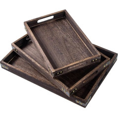 3 Pieces Wooden Serving Tray with Handles, Rectangular Vintage Trays for Placing Food, Tea, Coffee, Breakfast, Living Room, Kitchen, Dark Brown
