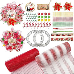 Daily Treasures 84-teiliges Weihnachtskranz-Bastelset, 2 Rollen 25,4 cm x 9,1 m Netzband und 2 Metallkranzringe 30,5 cm & verschiedene Ornamente, Kranzherstellung, Weihnachtsband zum Basteln,