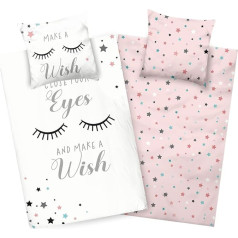 Aminata kids Bed Linen 135 x 200 cm Stars Eyelashes Teenager Girls Cotton Pink White YKK Zip Cloud Saying Teenagers Children's Reversible Bedding Set