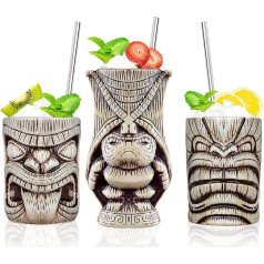 Tiki Mug Set - Cocktail Glasses, Set of 3 Ceramic Cups for Exotic Party, Bar