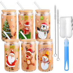 6 Pack Christmas Jar Jar 16oz Coffee Glass Cups with Bamboo Lid and Straw, Santa Claus, Elk, Christmas Tree, Can Jar for Water, Juice, Milk, Beer, Whiskey, Vodka and