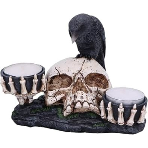 Nemesis Now Nevermore Tea Light Holder Figure 15 cm Resin Black/Bone Raven on Skull Figurine Tea Light Holder Gothic Gift Item Made of Finest Resin Expertly Hand Painted