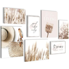 Wall Pictures Living Room | Completely Ready to Hang | Boho Pampas Grass Beige Pink | 7 Modern Mood Posters | N006671a