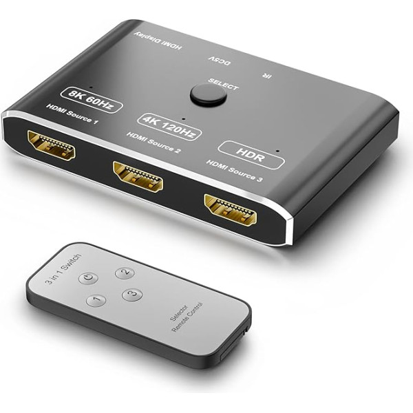 3 Port HDMI 2.1 HDR 3In 1Out 8K Switcher Directional 8K @ 60Hz 4K @ 120Hz HDR 48Gbps 3D HDMI Video Converter with Remote Control Compatible with PS5 Xbox x HDMI TVs Monitors (HDMI Switch)